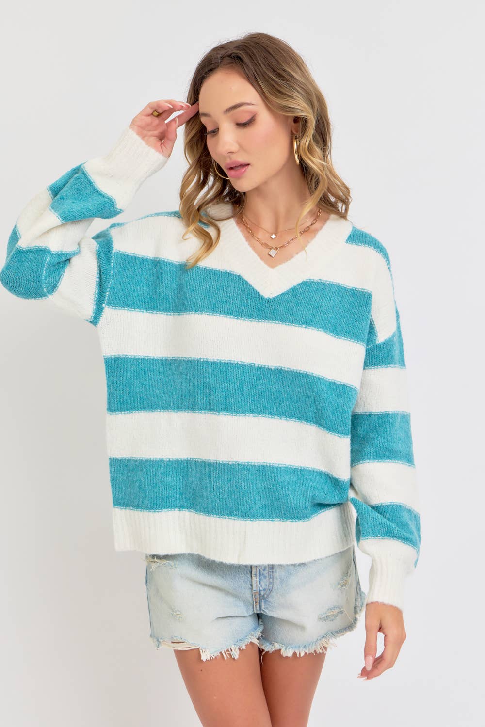 Teal Blue Striped Sweater