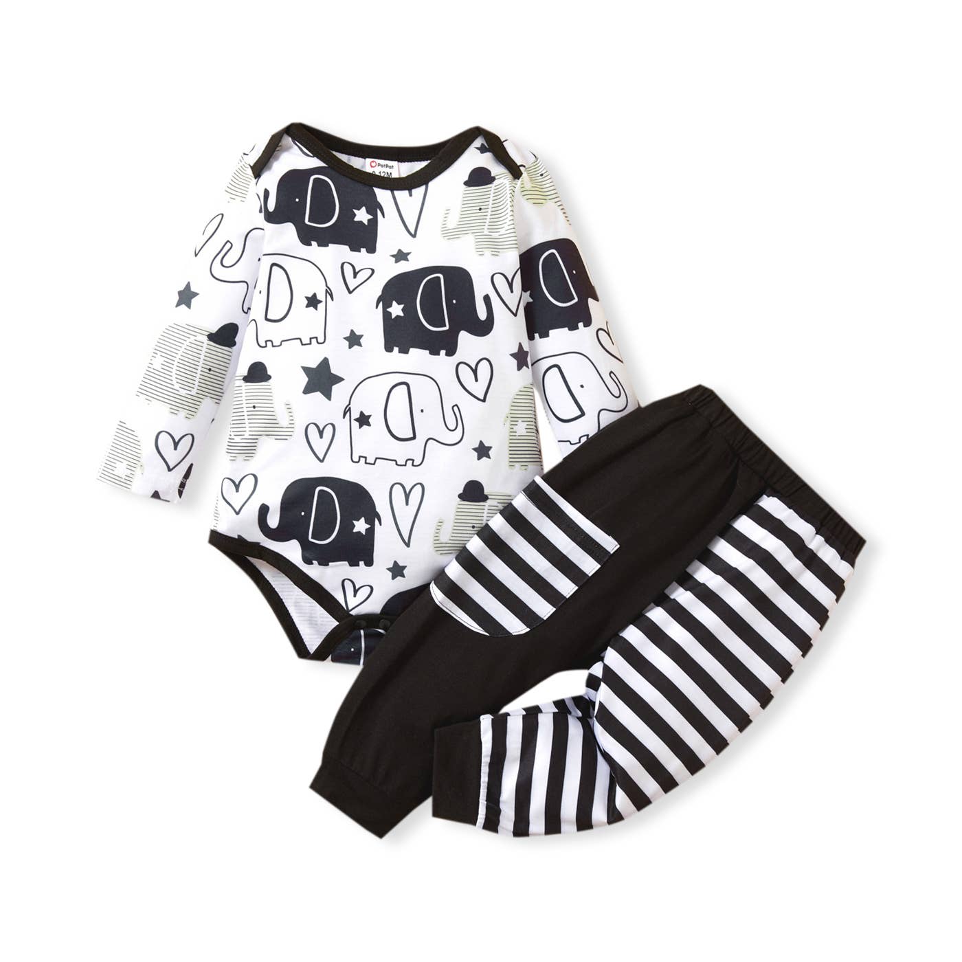 2pcs Elephant and Stripe Print and White Romper Set