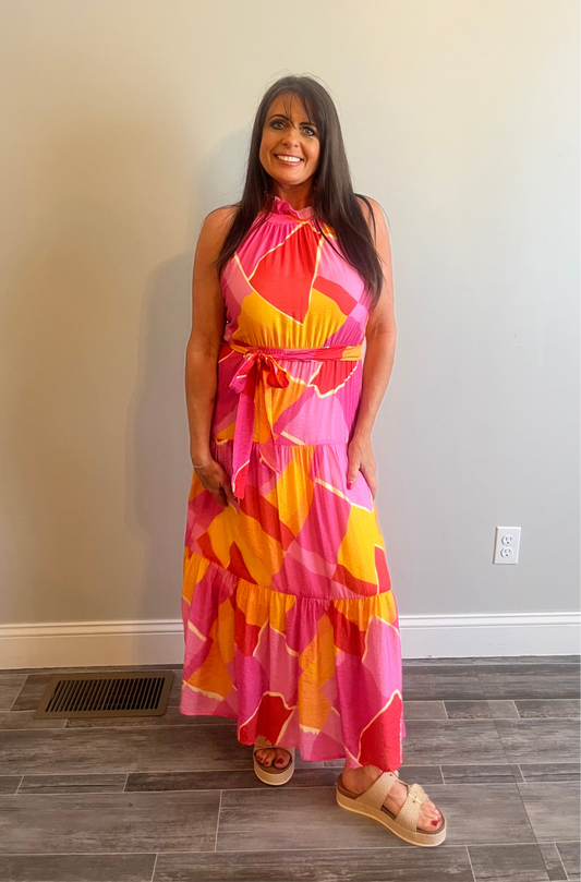 Fuchsia Combo Halter Maxi Dress