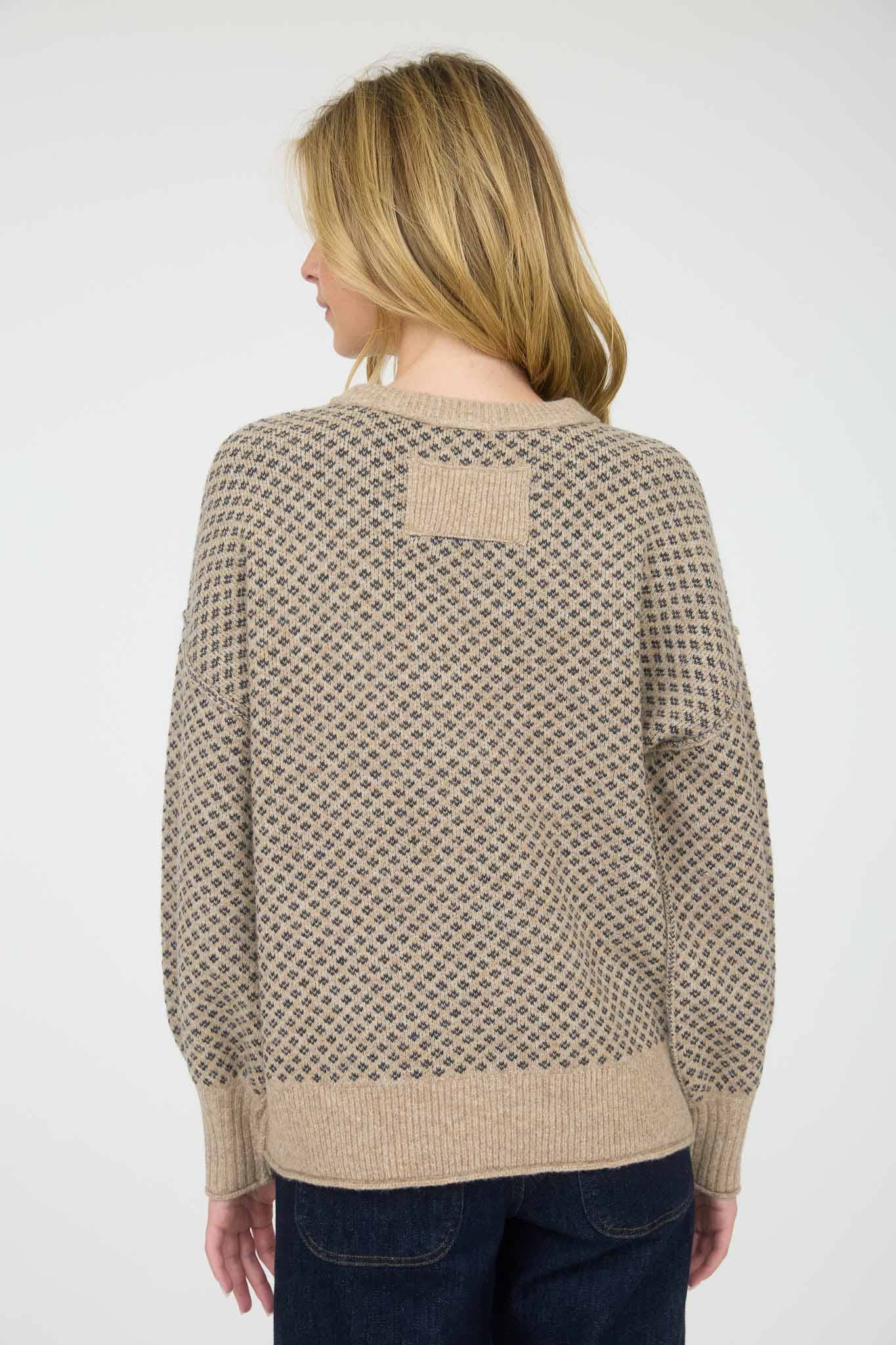 KHAKI MINI JACQUARD CREW NECK LONG SLEEVE KNIT SWEATER