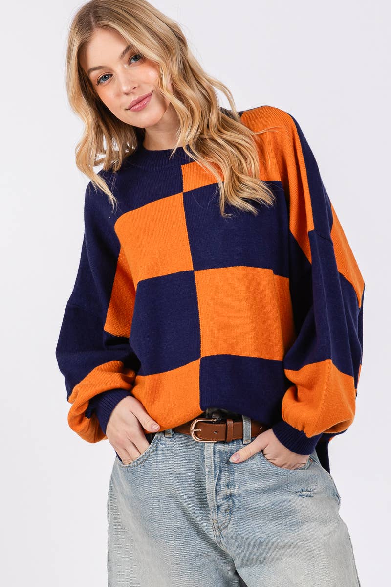 PURPLE/YELLOW GAME DAY CHECKERED SWEATER