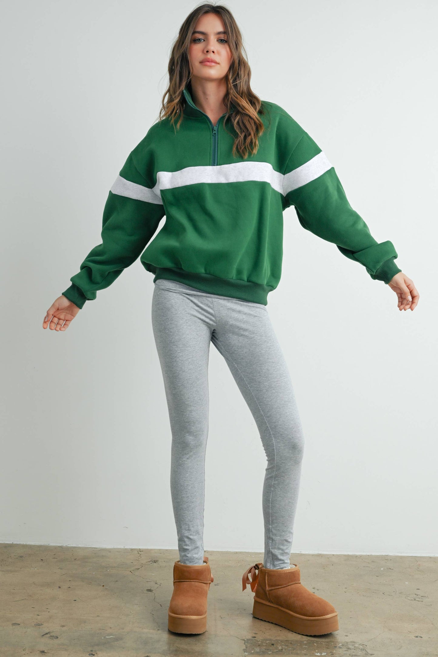 Two-Toned Half Zip Collar Sweatshirt  GREEN / GREY