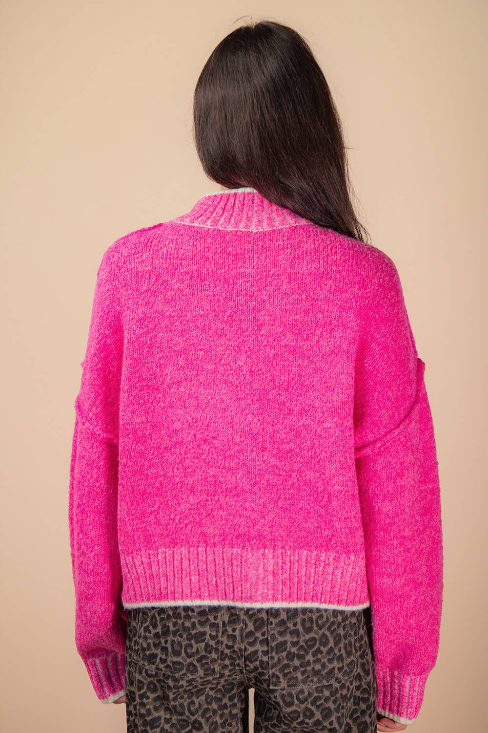 Hot Pink Oversized Casual Mock Neck Knit Sweater Top