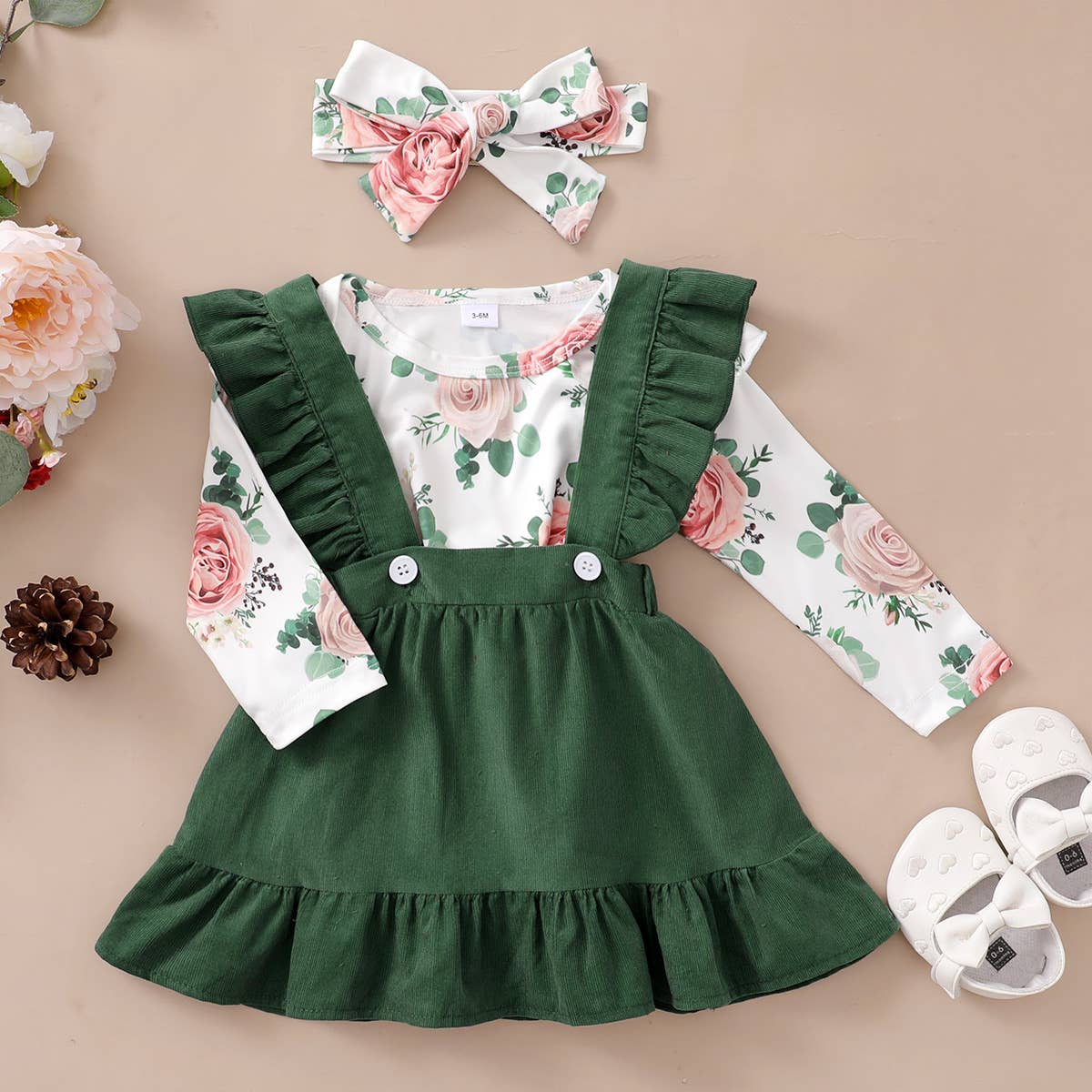 3-piece Baby / Toddler Floral Suspender Skirt Set: Dark Green