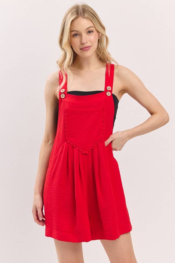Red Scallop Pocket Strap Game day Romper