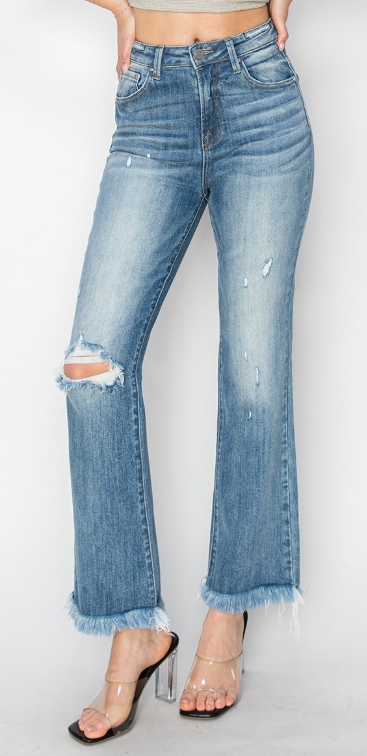 HIGH RISE CROP BOOTCUT FRAYED JEANS