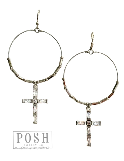 Silver Crystal Cross Earring