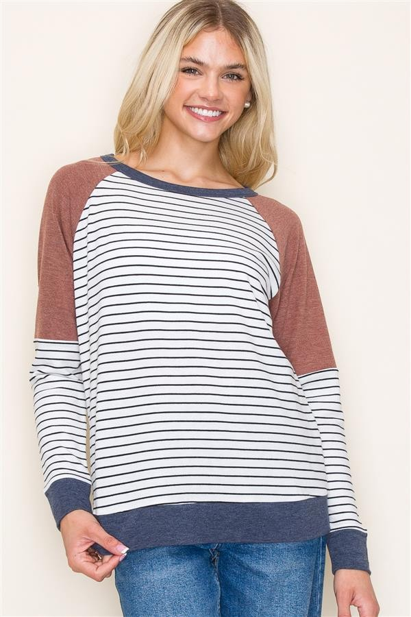 Wide Neck, Long Sleeve, Terry Top - Ivory/Rust