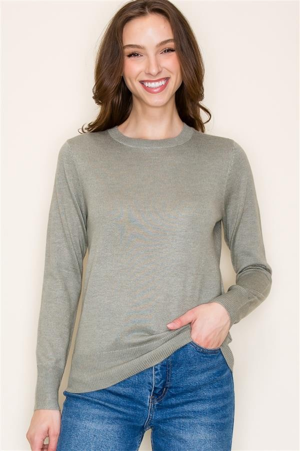 Basic Crew Neck Pullover Sweater - Sage