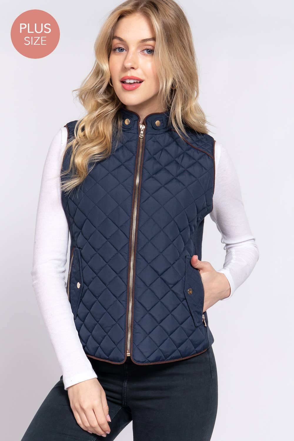 PLUS Suede Piping Quilted Padding Vest-Navy