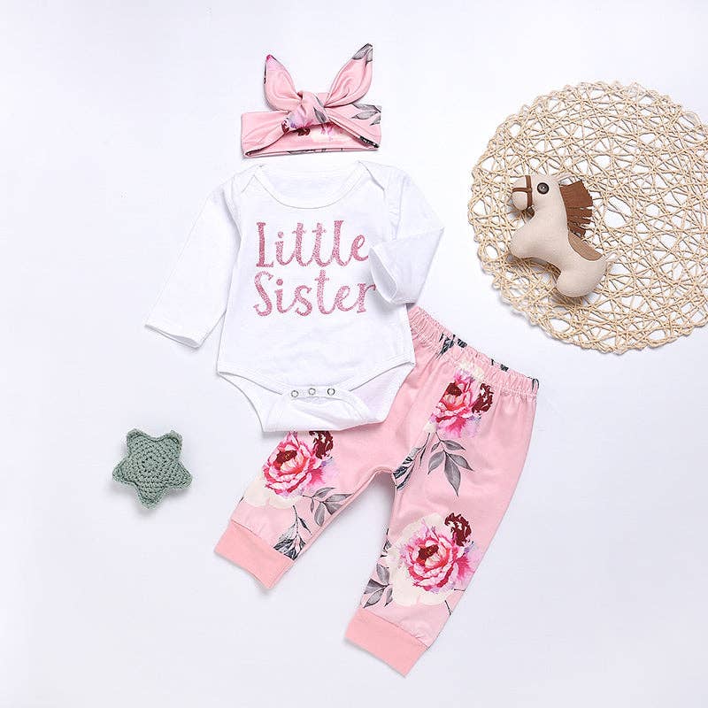 3pc Baby Girl's "LITTLE SISTER" Print Bodysuit