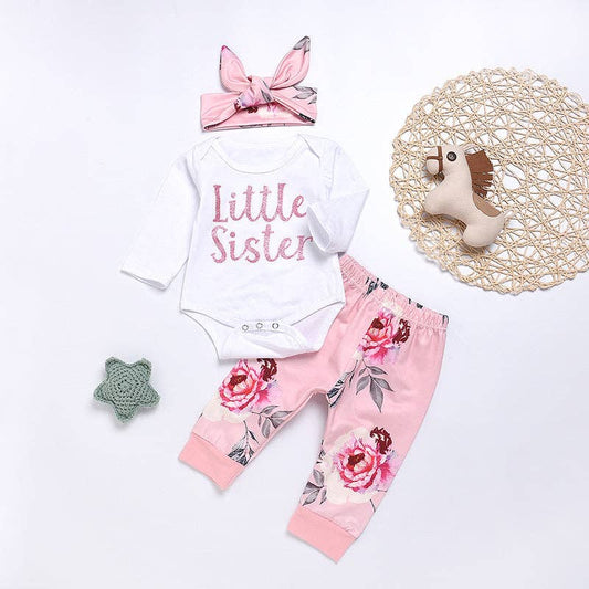 3pc Baby Girl's "LITTLE SISTER" Print Bodysuit