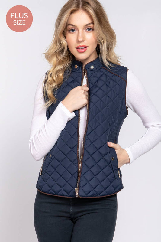 PLUS Suede Piping Quilted Padding Vest-Navy