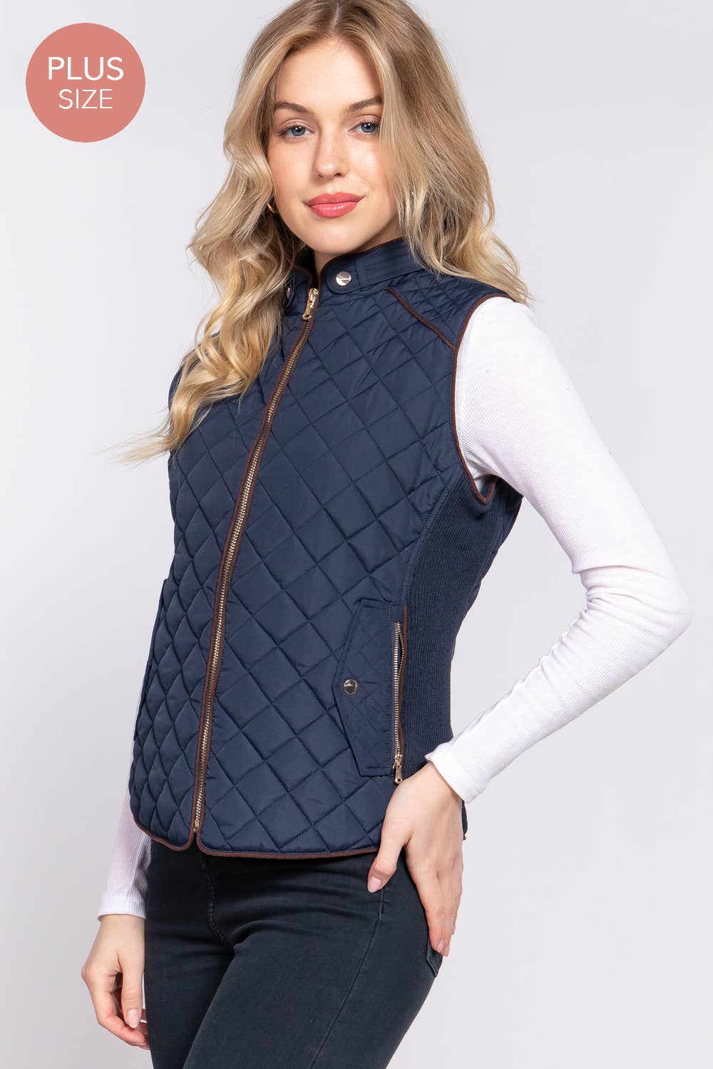 PLUS Suede Piping Quilted Padding Vest-Navy