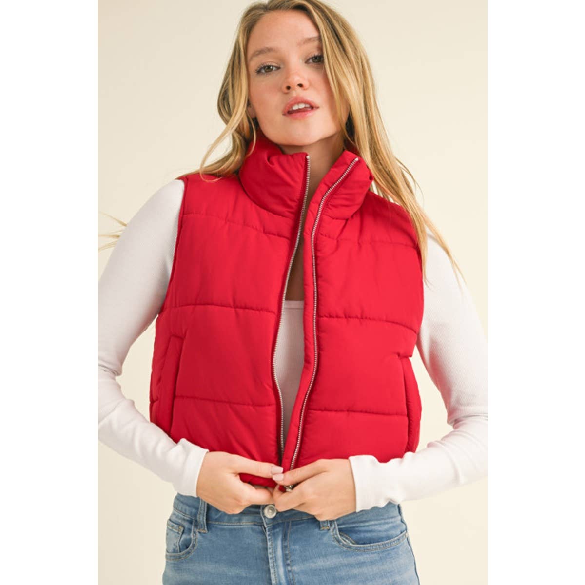 Red High Neck Zip Up Outerwear Vest