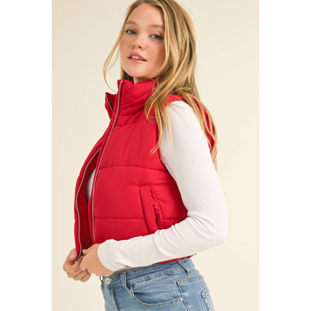 Red High Neck Zip Up Outerwear Vest