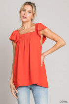 Women's Soft Airflow Ruffle Sleeve Square Neck Top - Coral