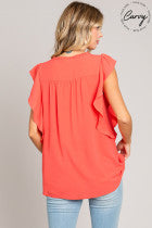 Women's Ruffle Sleeve Detailed V-Neck Simmer Top - Coral