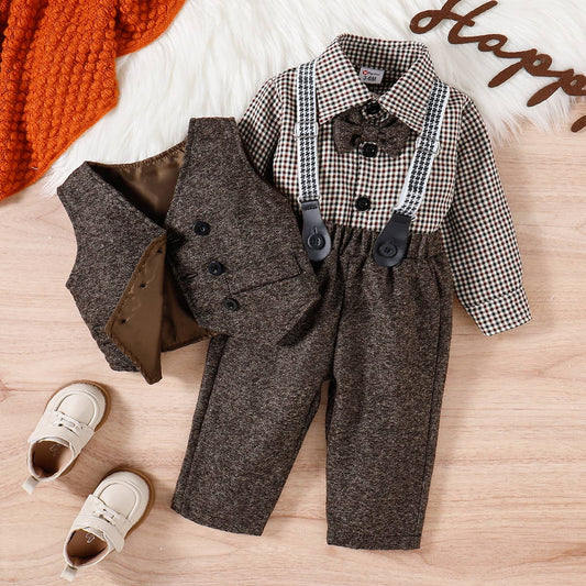 3PCS Baby Boy Elegant Grid/Houndstooth Shirt Collar Set