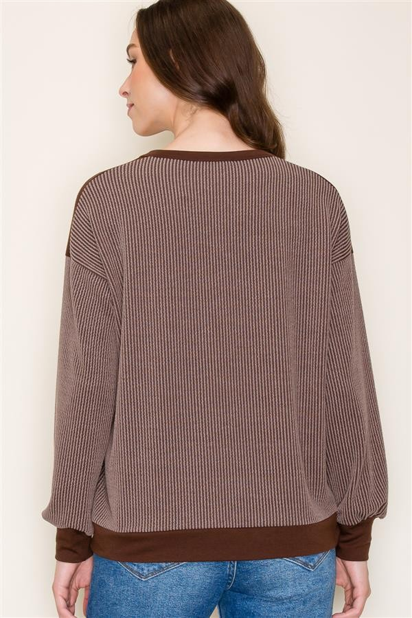 Crew Neck, Color Block, Knit Top - Brown