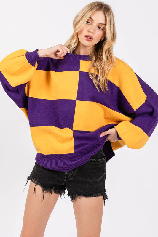 PURPLE/YELLOW GAME DAY CHECKERED SWEATER