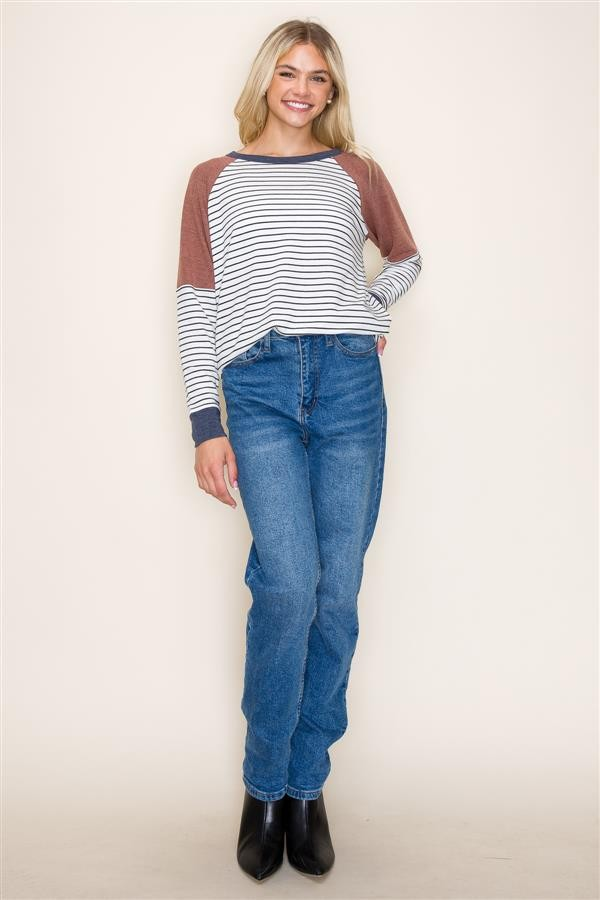 Wide Neck, Long Sleeve, Terry Top - Ivory/Rust