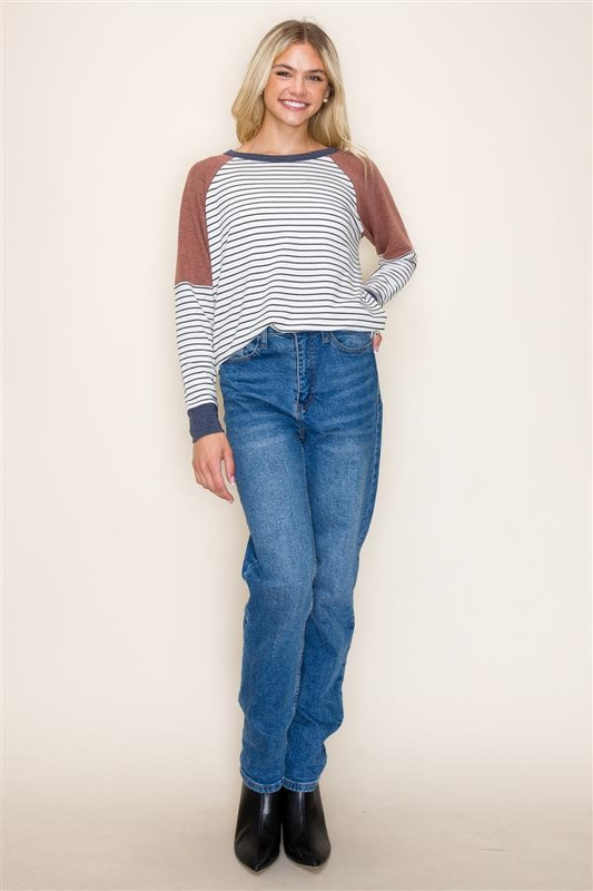 Wide Neck, Long Sleeve, Terry Top - Ivory/Rust