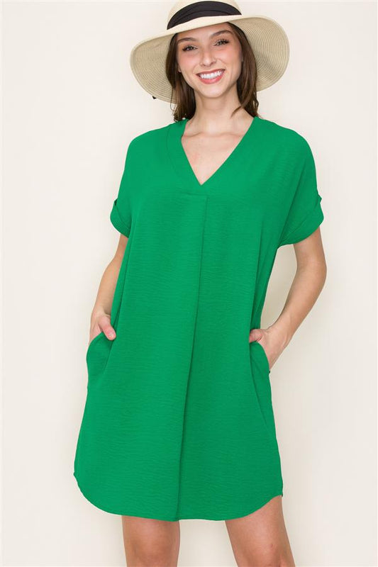 V-Neck Short Sleeve Kelly Green Dress