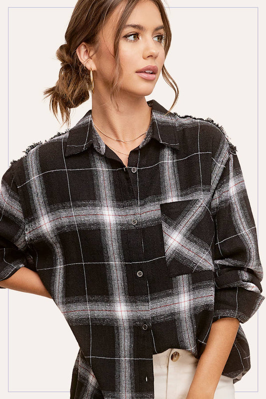 Loose Fit Button Down Cut Edge Detailed Plaid Shirts
