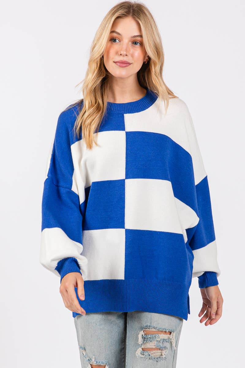 ROYAL/WHITE GAME DAY CHECKERED SWEATER
