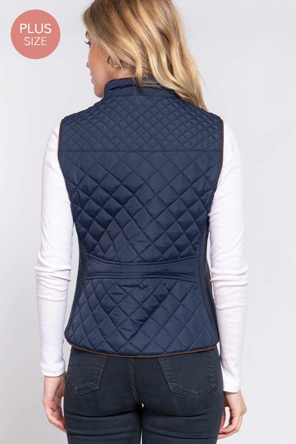 PLUS Suede Piping Quilted Padding Vest-Navy