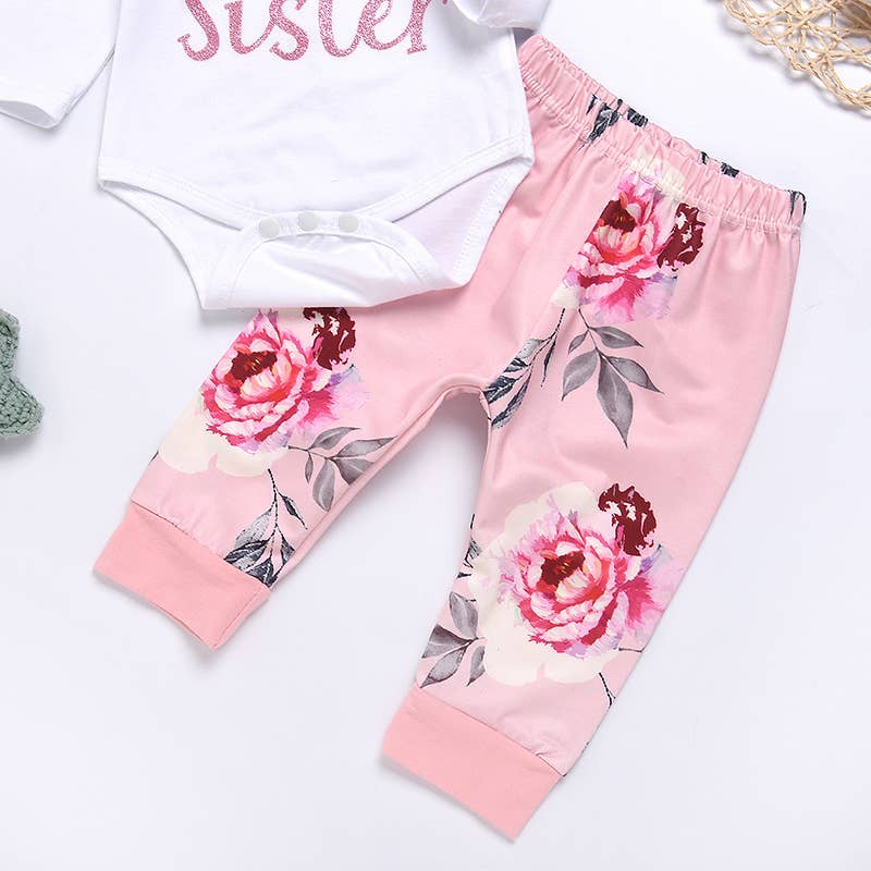 3pc Baby Girl's "LITTLE SISTER" Print Bodysuit