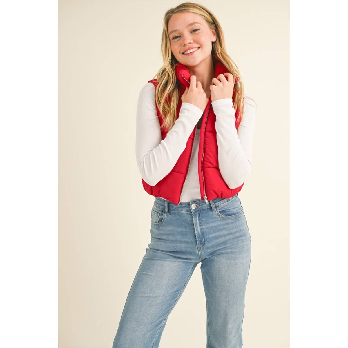 Red High Neck Zip Up Outerwear Vest