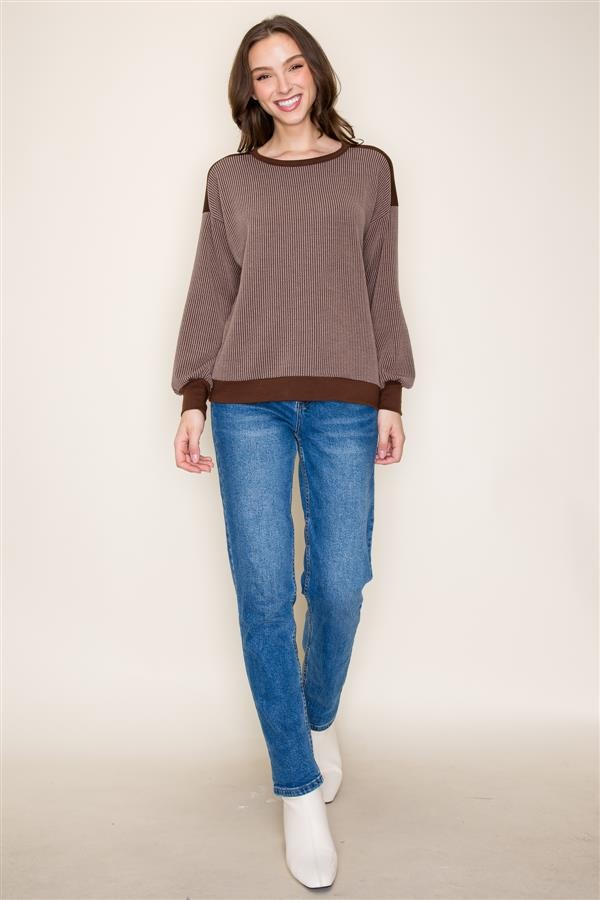 Crew Neck, Color Block, Knit Top - Brown