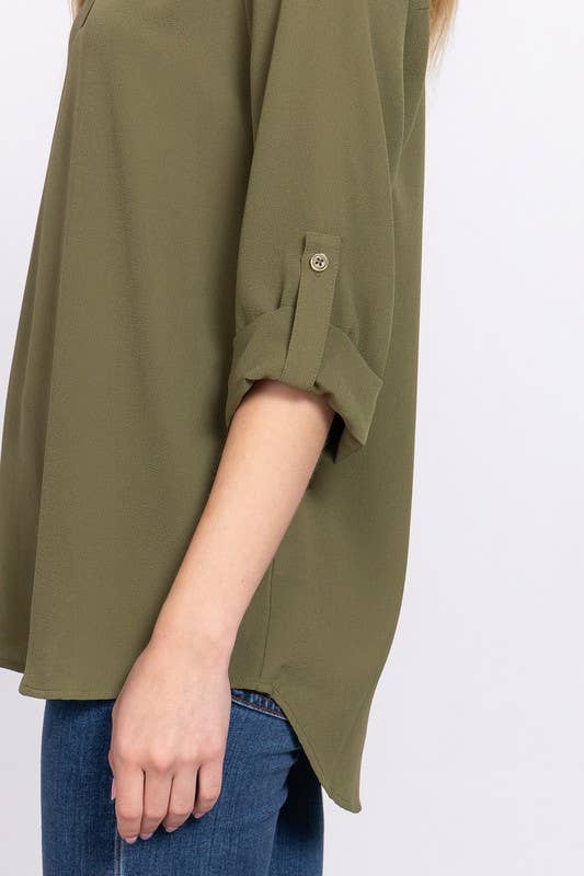 3/4 Roll Up Sleeve V-neck Woven Blouse -Olive