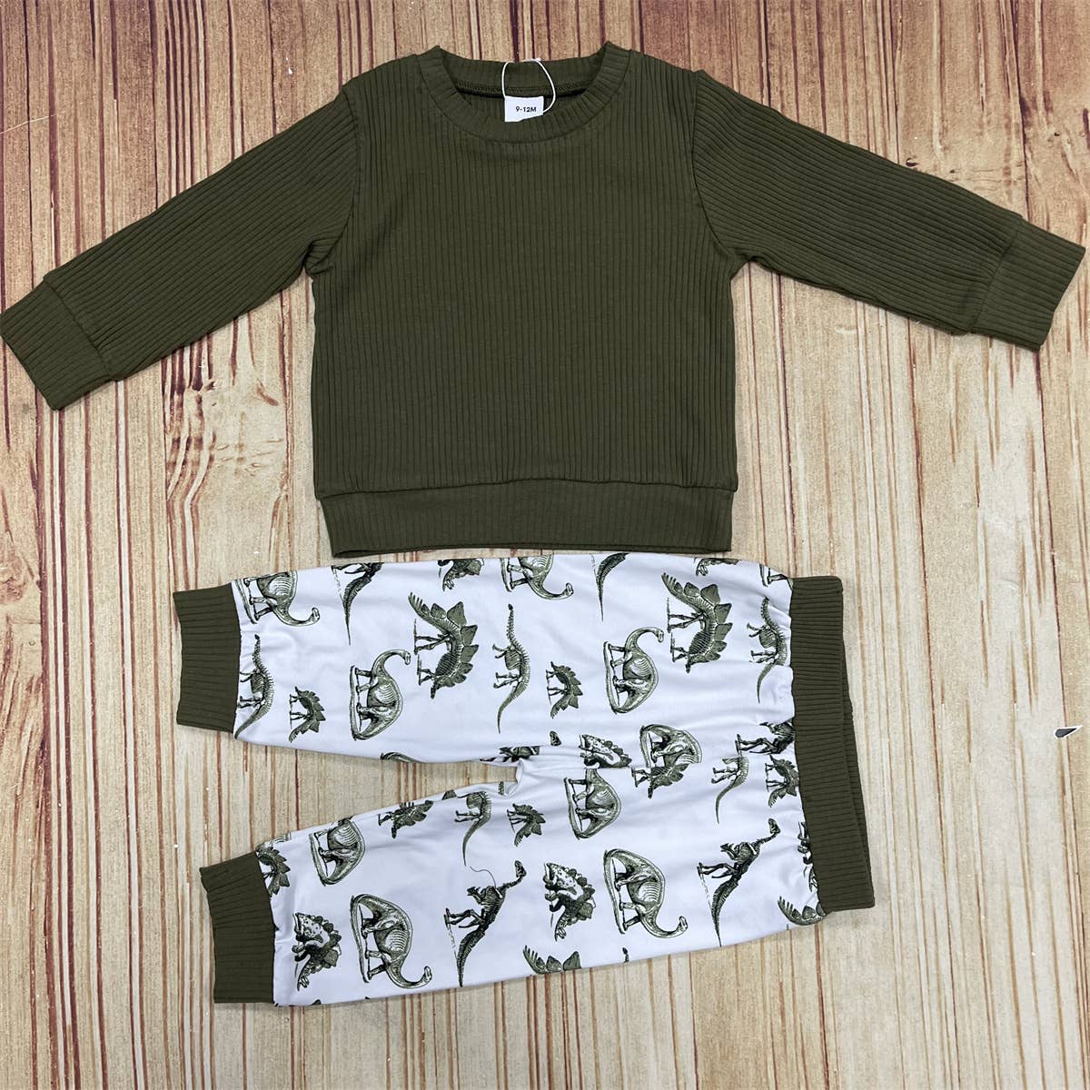 2pcs Baby Boy Solid Cotton Pullover and Dinosaur Pants Set