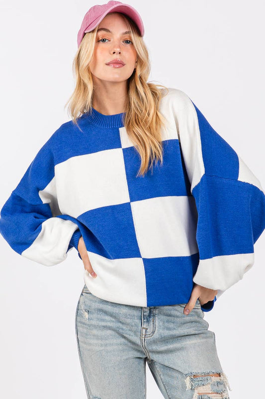 ROYAL/WHITE GAME DAY CHECKERED SWEATER