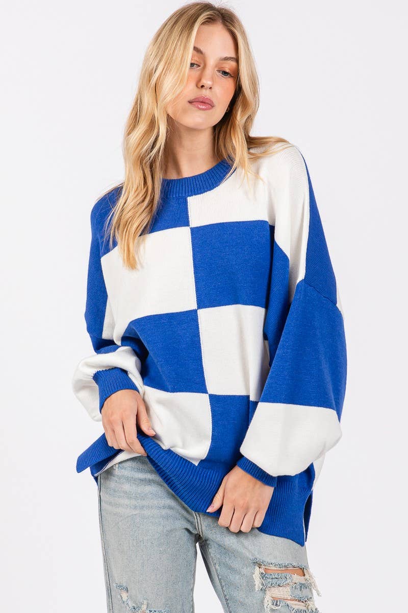 ROYAL/WHITE GAME DAY CHECKERED SWEATER