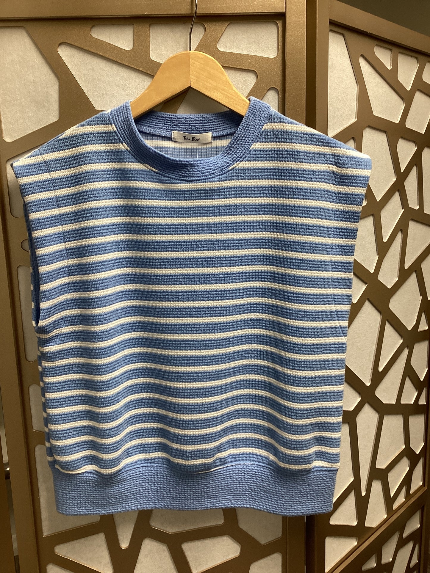 Blue Knit Stripe Round Neck Top
