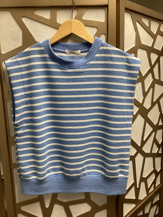 Blue Knit Stripe Round Neck Top