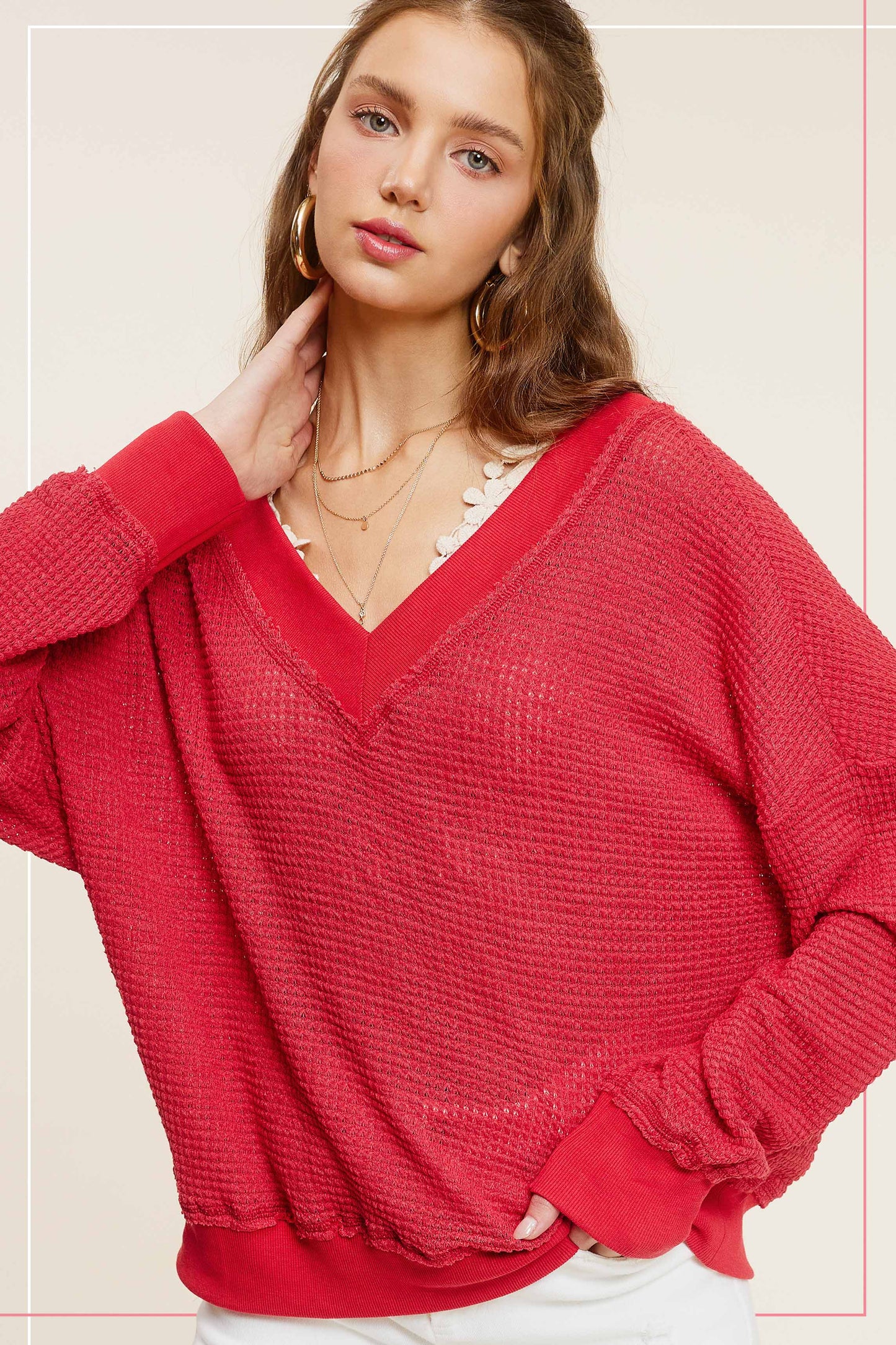 Tomato V-neck Waffle Top