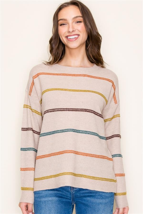 Multicolor Stitch Pullover Sweater - Sand