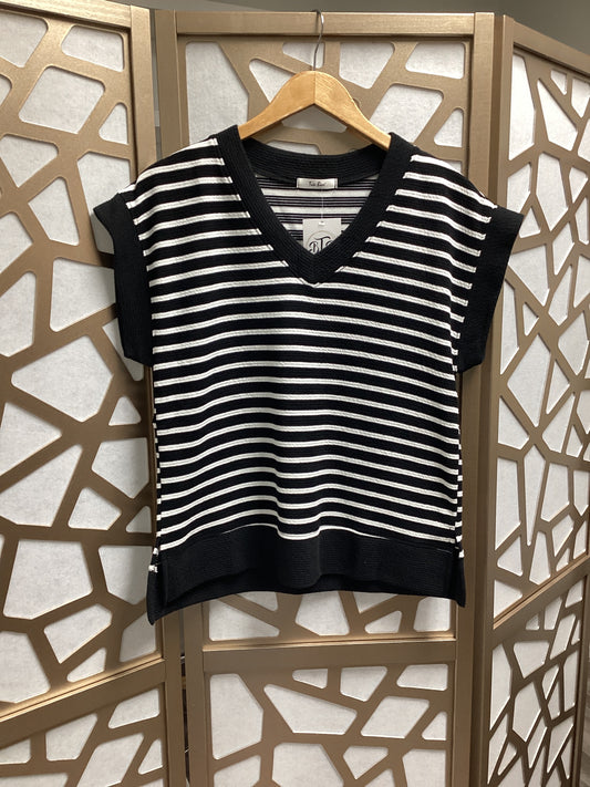 Black V-Neck Knit Stripe Top