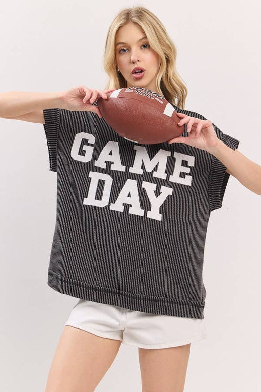 Black Game day Ribbed Knit Top