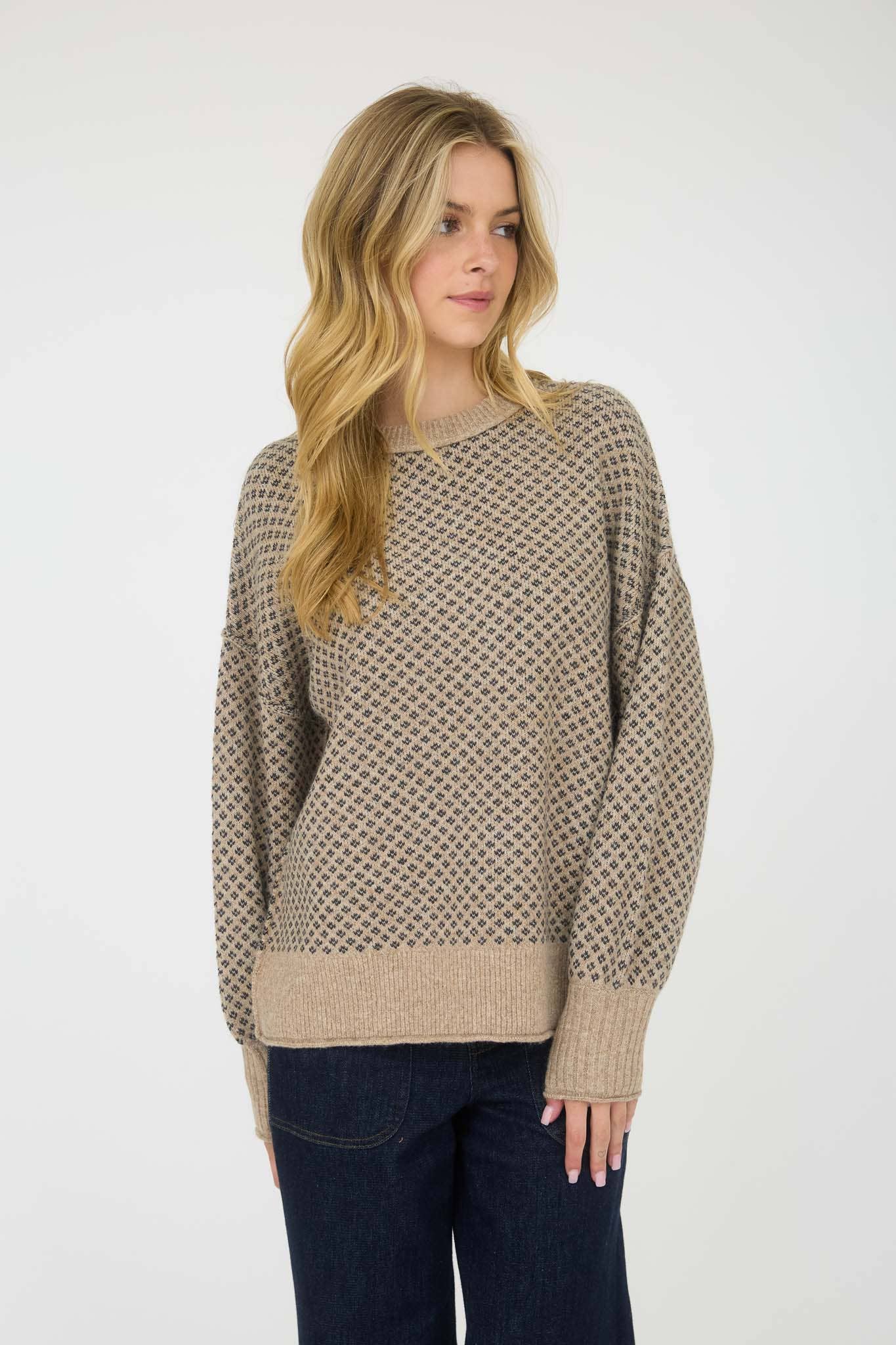 KHAKI MINI JACQUARD CREW NECK LONG SLEEVE KNIT SWEATER