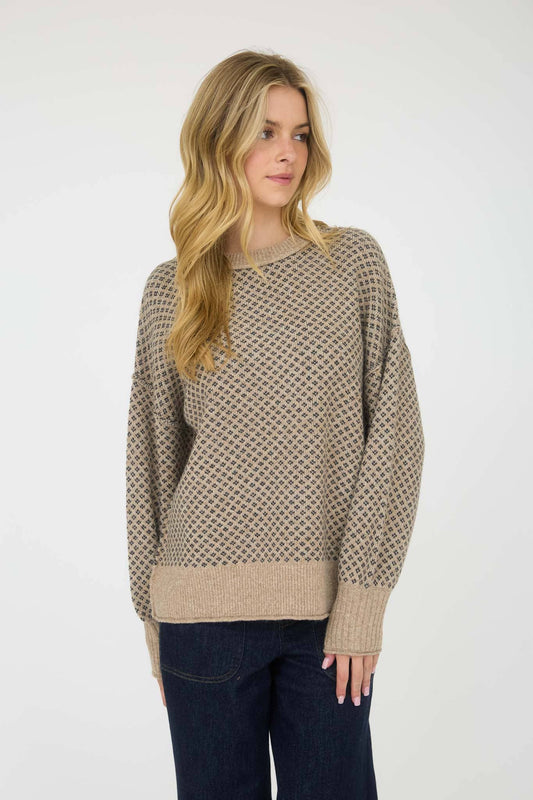 KHAKI MINI JACQUARD CREW NECK LONG SLEEVE KNIT SWEATER