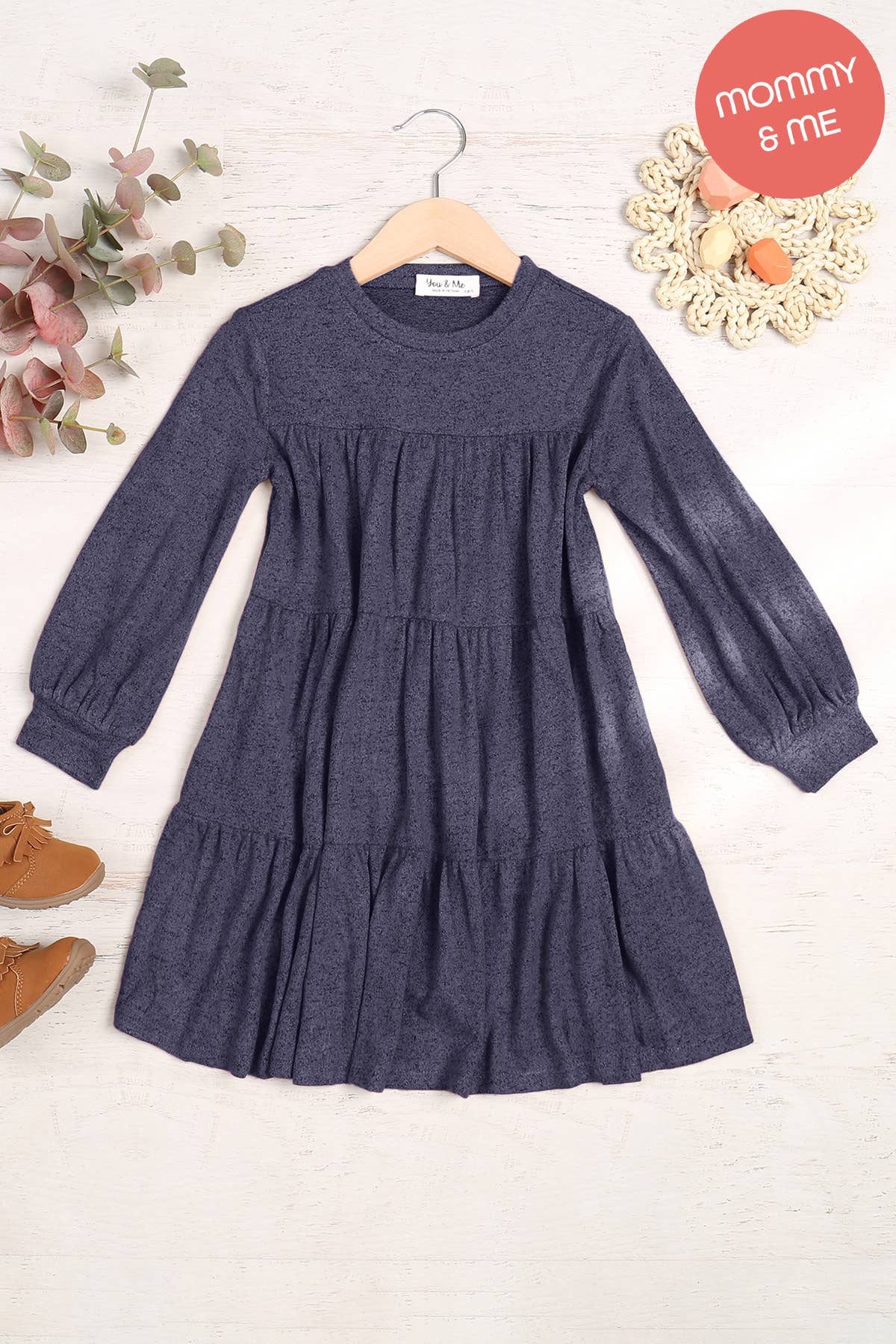 Girls' PUFF LONG SLEEVE TIERED HACCI BRUSHED DRESS: Navy Dark