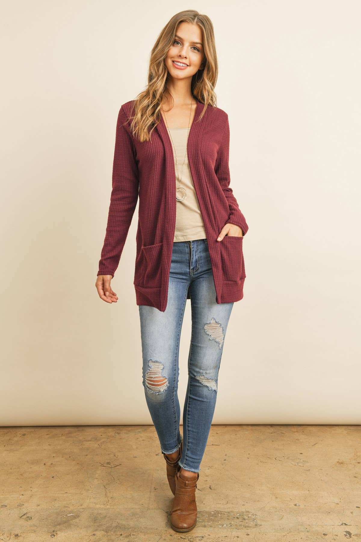 COZY WAFFLE POCKET CARDIGAN: Burgundy