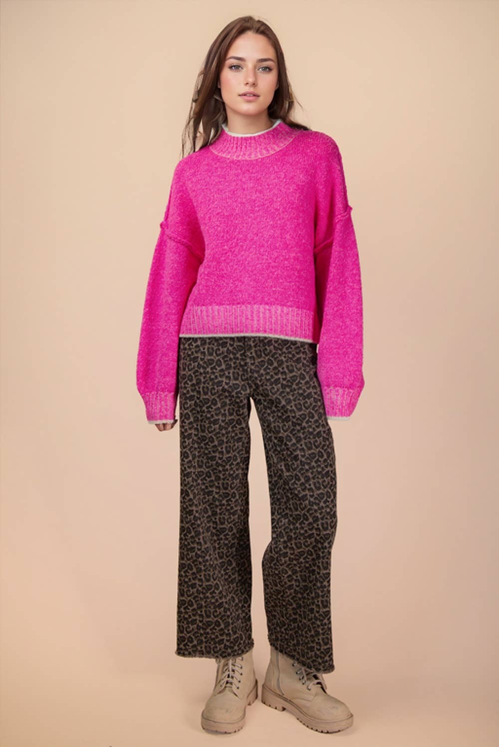 Hot Pink Oversized Casual Mock Neck Knit Sweater Top