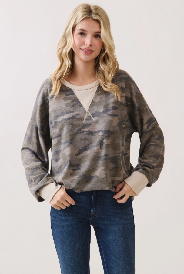 Camo Terry Knit Pullover Top